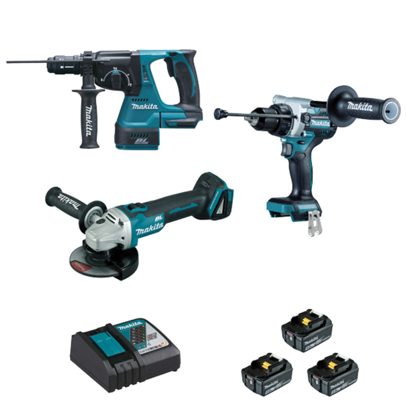 Kit 3 outils MAKITA DLX3157TJ (DDF486+DHR243+DGA506+BL1850×3+DC18RC+MAK2&4)