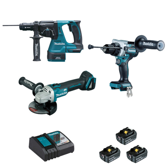 Kit 3 outils MAKITA DLX3157TJ (DDF486+DHR243+DGA506+BL1850×3+DC18RC+MAK2&4)