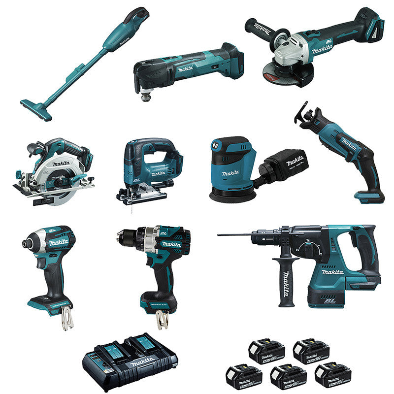 Kit 10 outils MAKITA LOT0309 18V 5 x 5,0 Ah (DCL180 - DHP486 - DTD154 - DGA506 - DHS680 - DHR243 - DTM51 - DJR183 - DJV182 - DBO180)